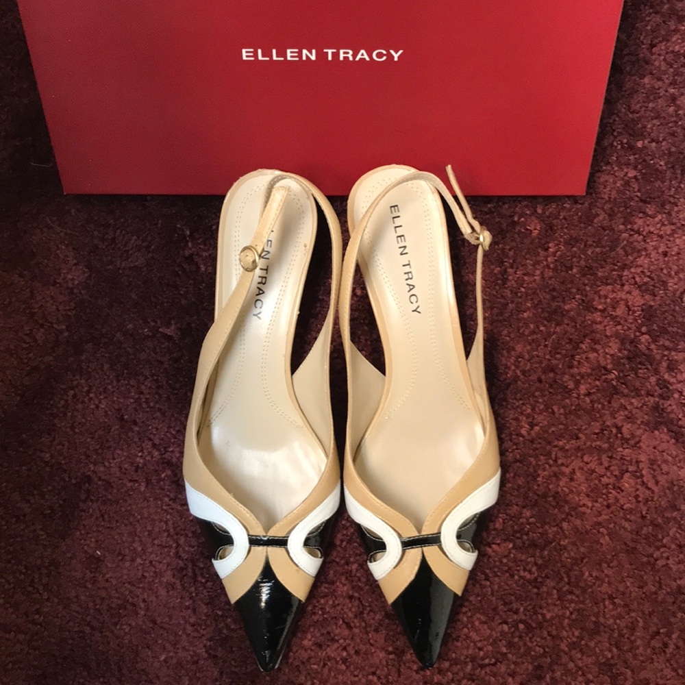 Ellen Tracy Tri-Color (TanBlkWht) Sling Backs Sz 8